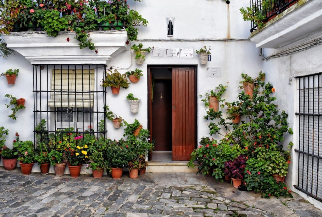 Flower-lined whitewashed doorway in Vejer de la Frontera