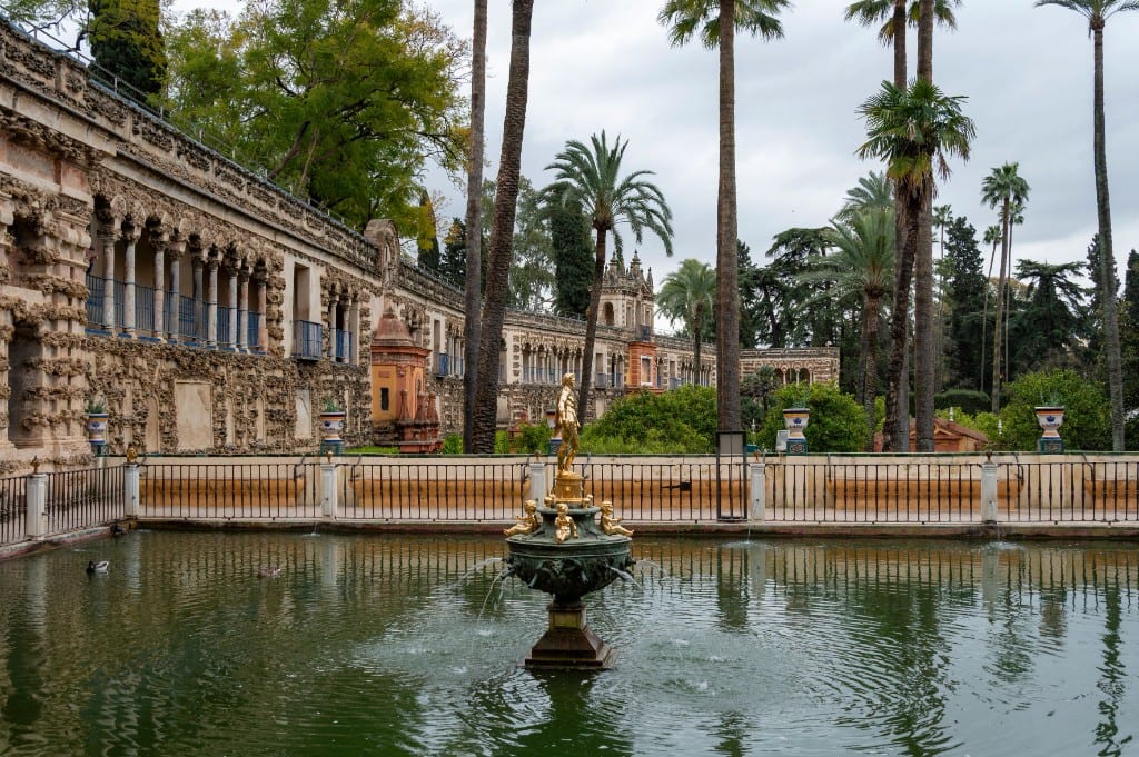 Palm trees and gardens at the Real Alcázar of Seville
