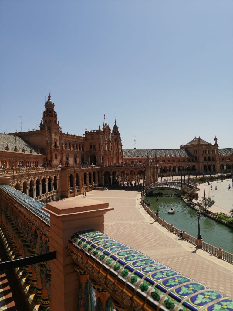 Canal and tiled balustrade at Plaza de España in Seville